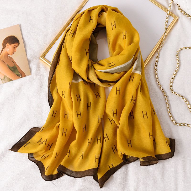 Yellow with Gray Viscose Printed Luxury Scarf