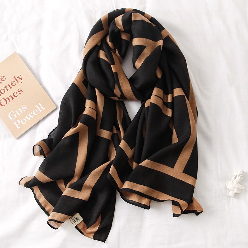 Black with Mocha Design Viscose Printed Luxury Scarf