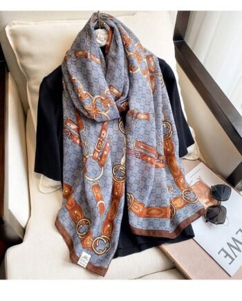 Gray with Brown Belts Design Viscose Printed Luxury Scarf