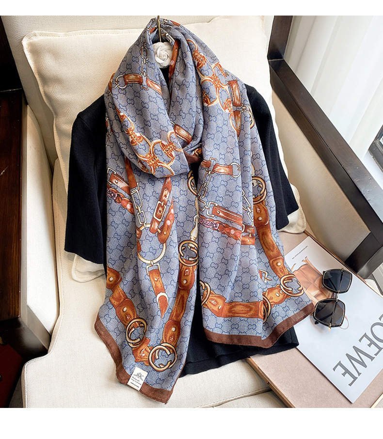 Gray with Brown Belts Design Viscose Printed Luxury Scarf
