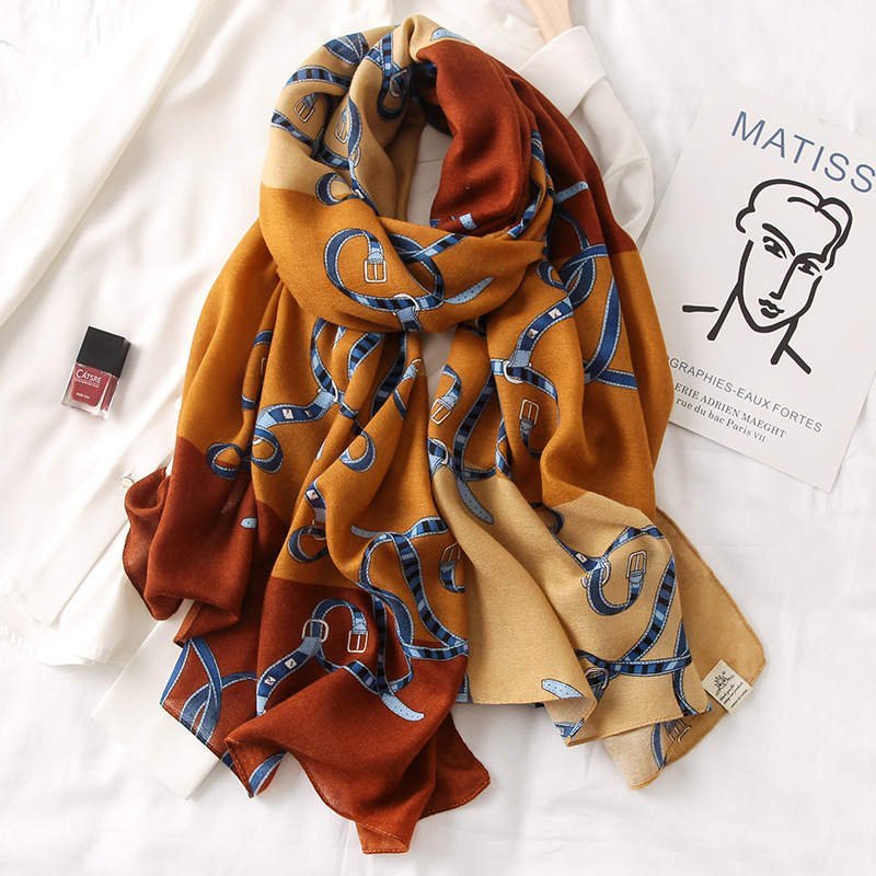 Brown with Belts Design Viscose Printed Luxury Scarf