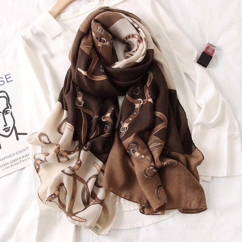 Dark Brown with Belts Design Viscose Printed Luxury Scarf