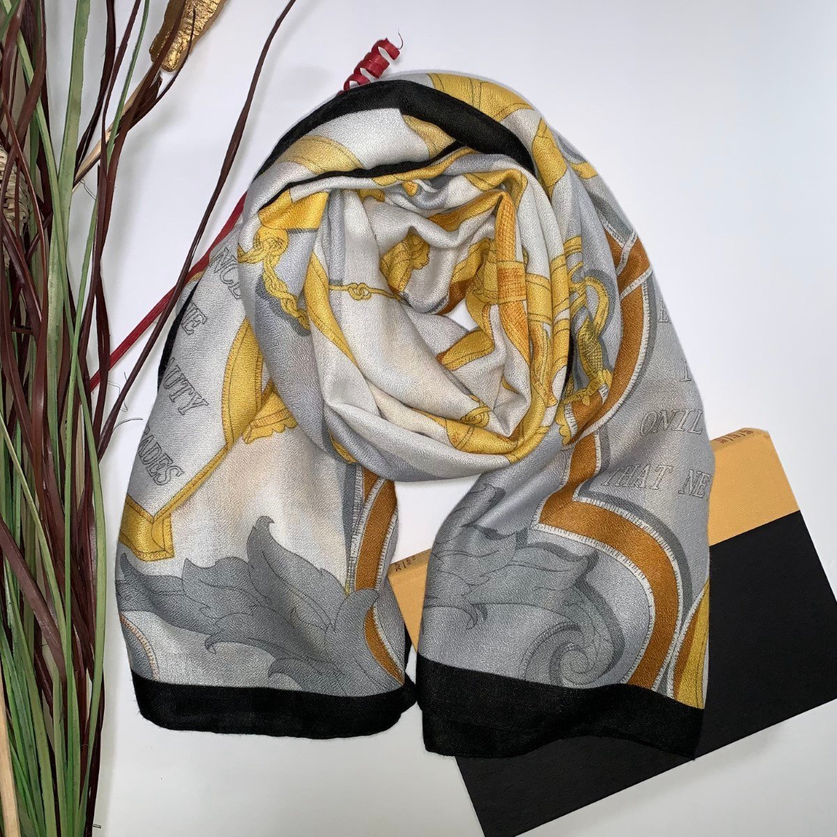 Yellow Beige with Chain Design Viscose Printed Luxury Scarf